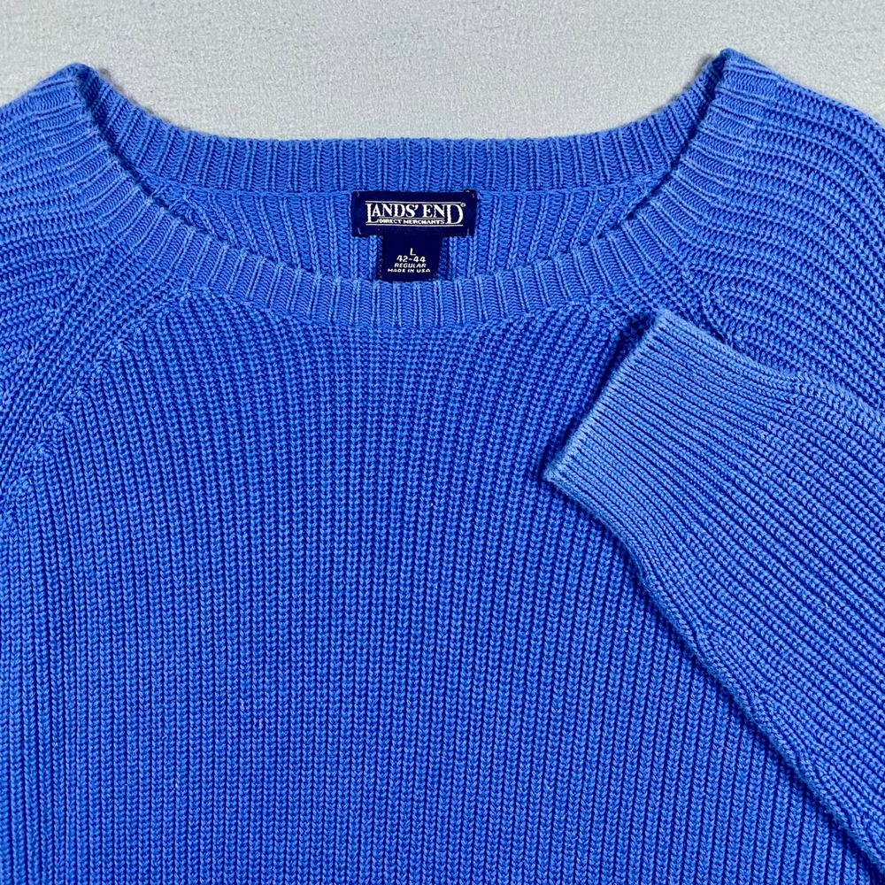 Vintage Lands End Mens Blue Shaker Knit Cotton Sweater Large Made USA Pullover‎